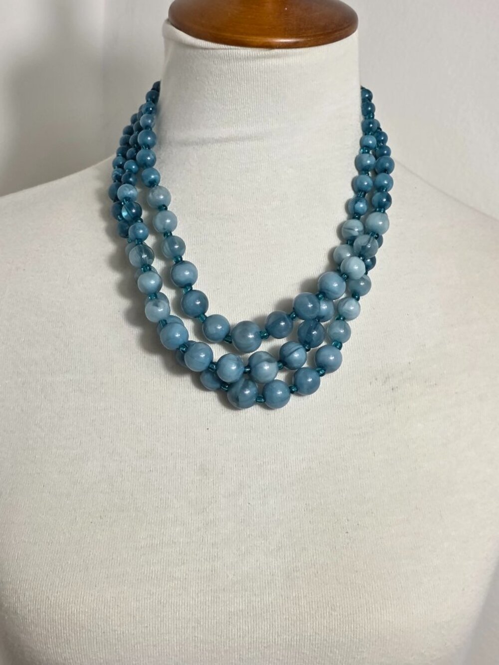 Blue Multi-Strand Necklace Graduated Round Beads with Marbled Swirl Finish